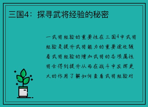 三国4：探寻武将经验的秘密